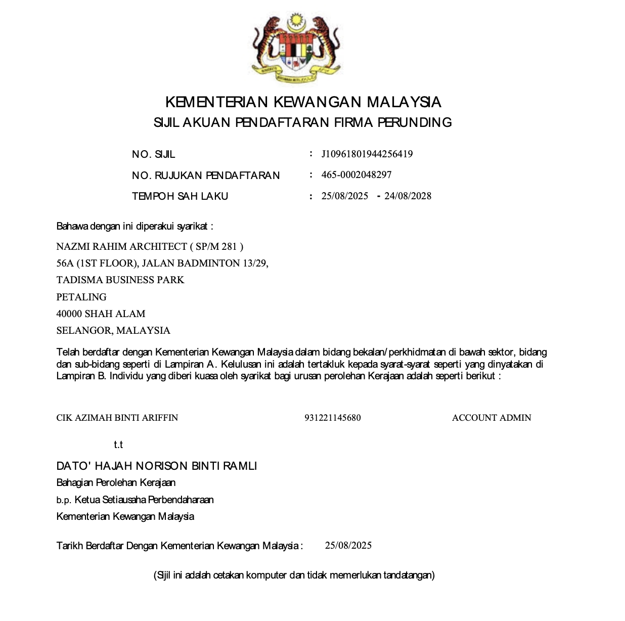 MOF consultant registration certificate