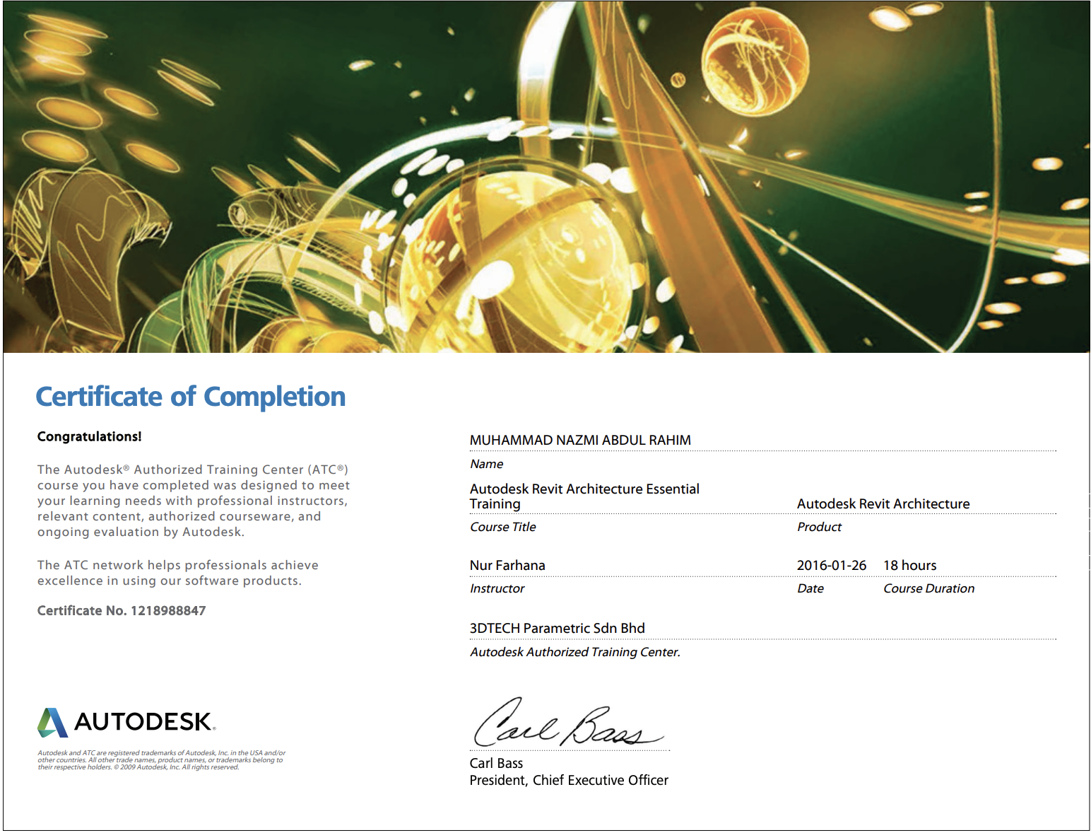 Autodesk Revit Architecture Essential Training certificate